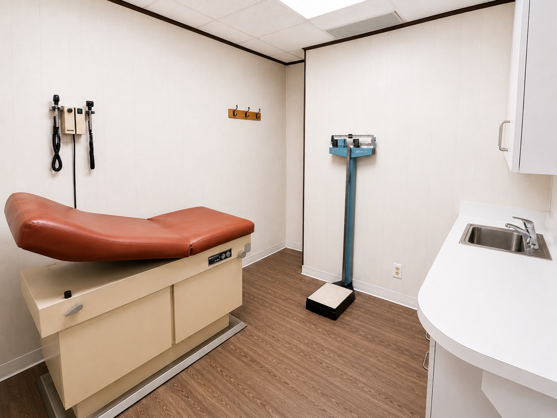 Exam room at Hourizadeh Medical Care with exam table and scale