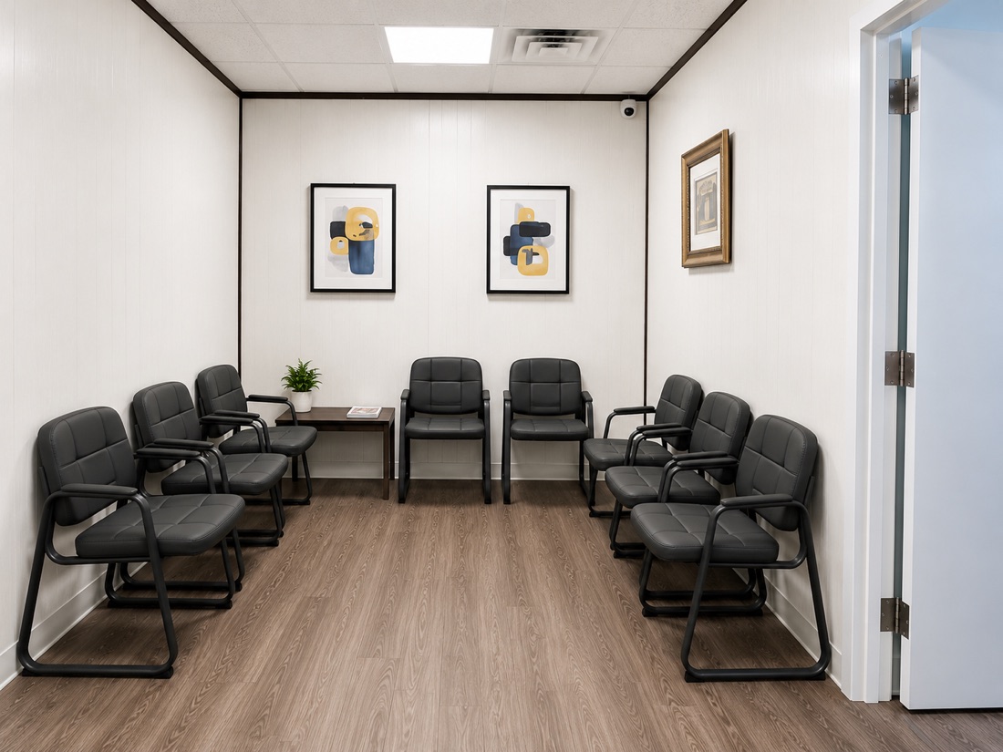 Waiting room at Hourizadeh Medical Care with seating and artwork