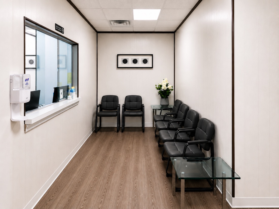 Reception window and waiting area at Hourizadeh Medical Care